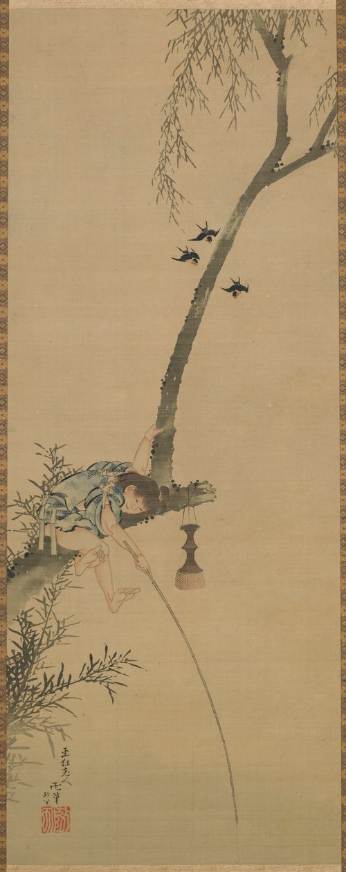 Junge, der von einem Ast eines Baumes fischt, Edo-Periode, 1839 von Katsushika Hokusai