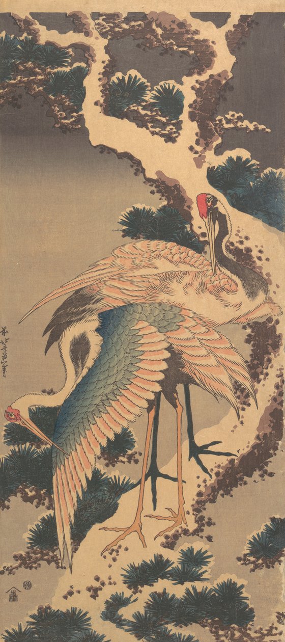 Kraniche auf einem Ast einer schneebedeckten Kiefer, späte 1820er von Katsushika Hokusai