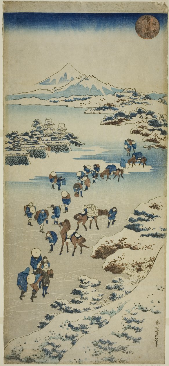 Überquerung des zugefrorenen Suwa-Sees in der Provinz Shinano (Shinshu Suwa kosui kori watari) von Katsushika Hokusai