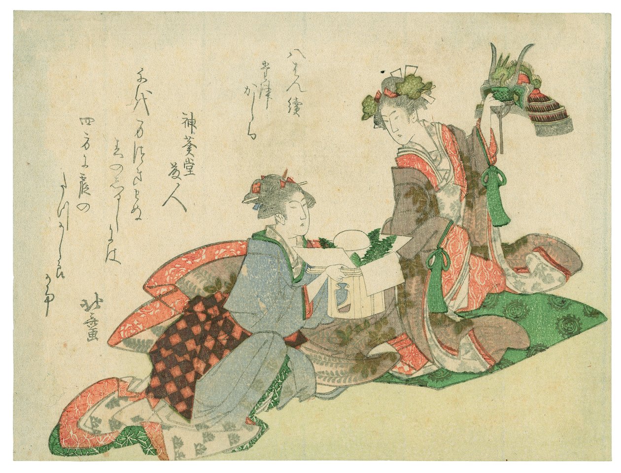 Drachenhelm (Zwei Frauen mit Neujahrsdekorationen) von Katsushika Hokusai