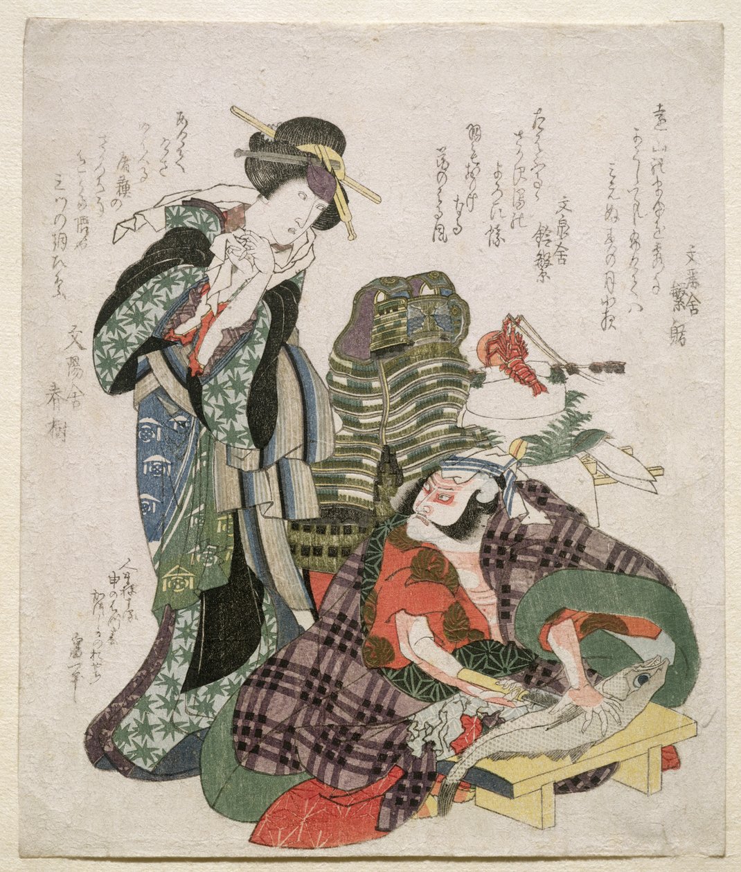 Ichikawa Danjuro und Ichikawa Monnosuke als Jagekiyo und Iwai Kumesaburo, 1824 von Katsushika Hokusai