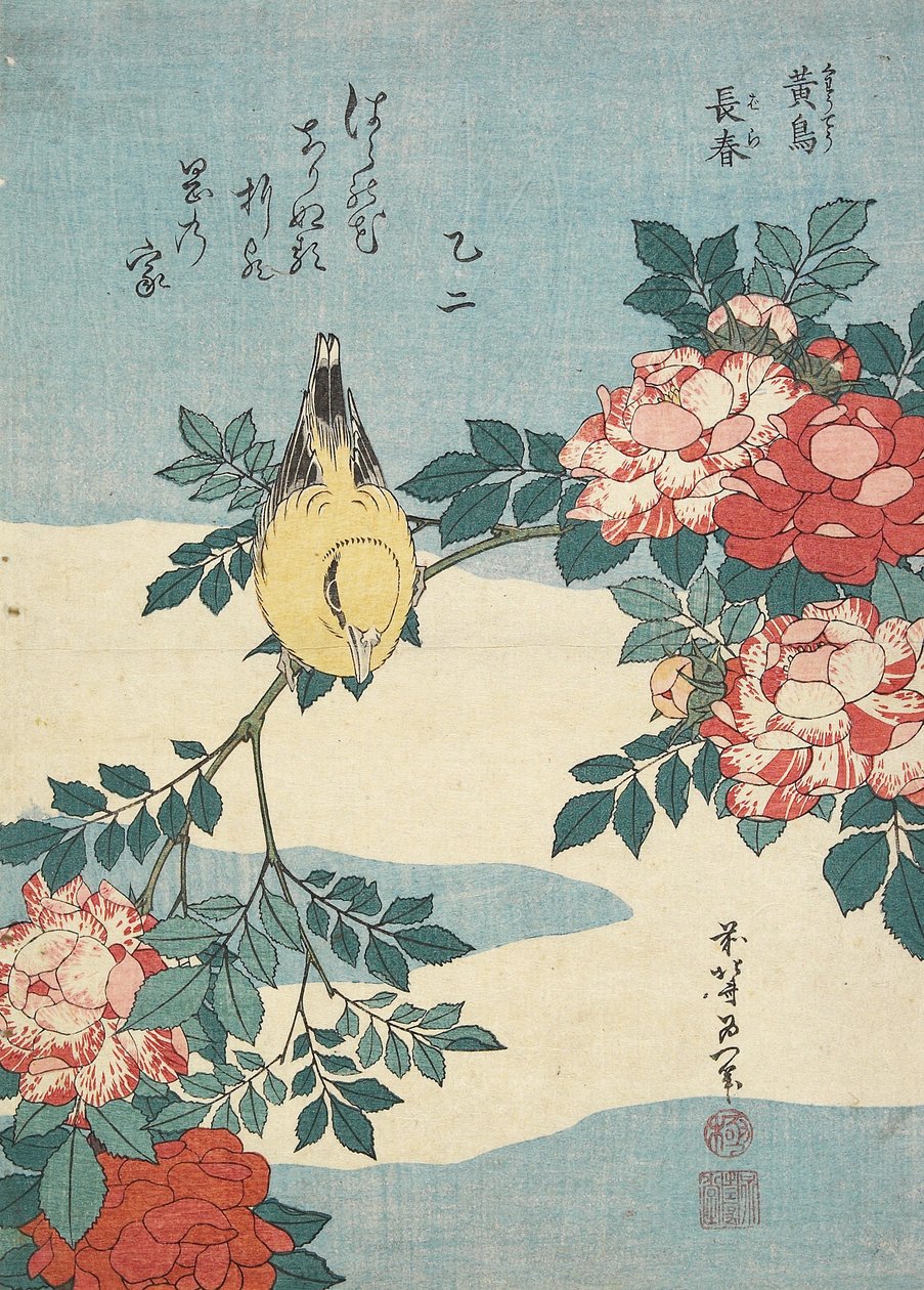 Japanische Nachtigall und Rosenstrauß, ca. 1832 von Katsushika Hokusai