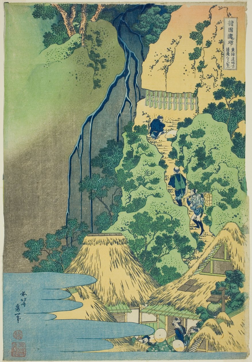 Kannon-Schrein bei den Kiyo-Fällen in Sakanoshita an der Tōkaidō, aus der Serie Tour der Wasserfälle in verschiedenen Provinzen (Shokoku taki meguri) von Katsushika Hokusai