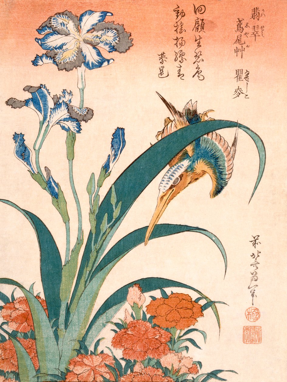 Eisvogel, Schwertlilien und Nelken, veröffentlicht ca. 1834 von Katsushika Hokusai