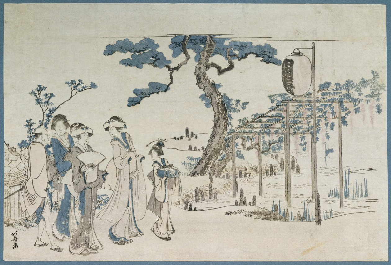 Damen besuchen die Glyziniengärten in Kameido von Katsushika Hokusai