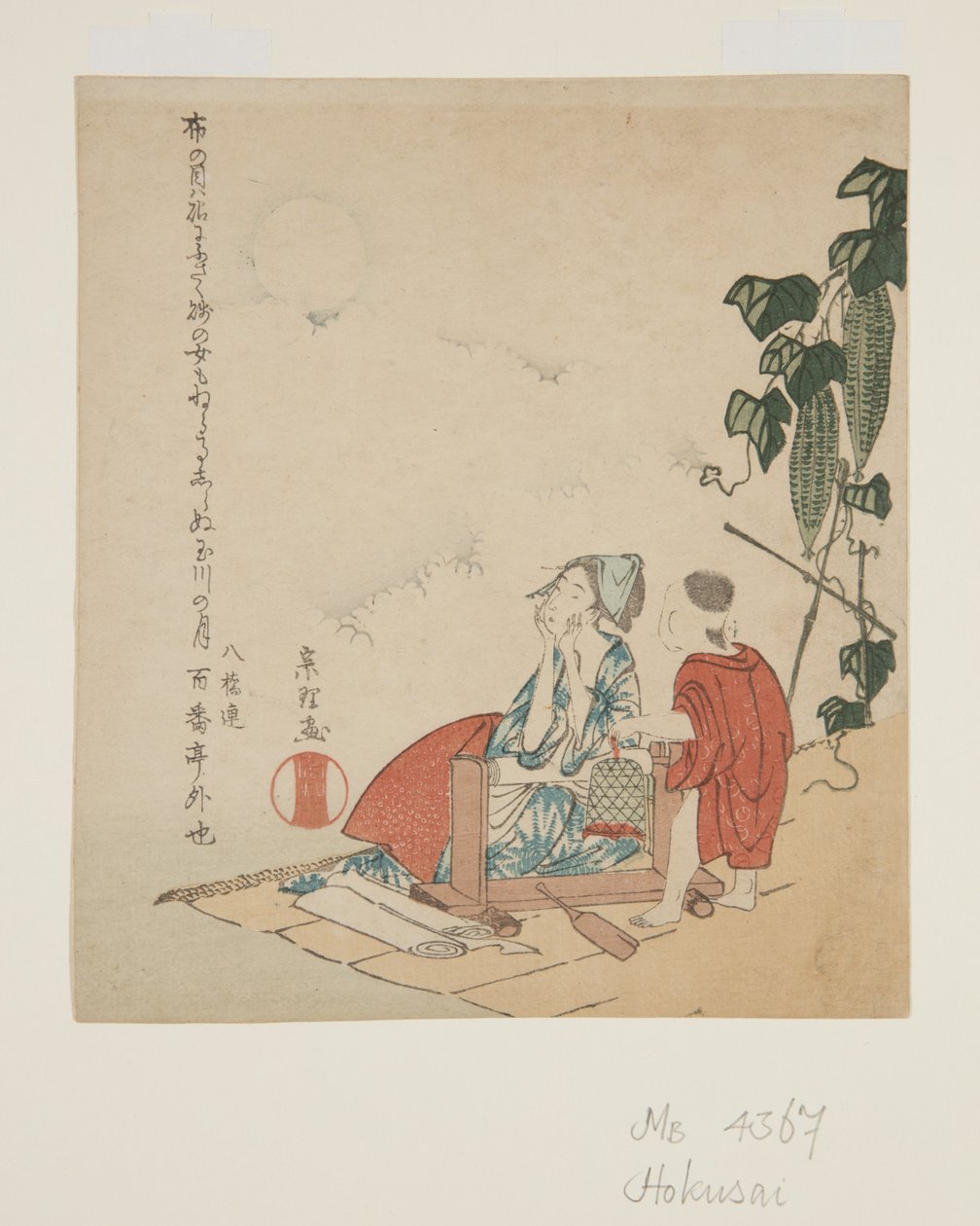 Mutter und Kind bei Kürbis-Spalier im Mondlicht von Katsushika Hokusai