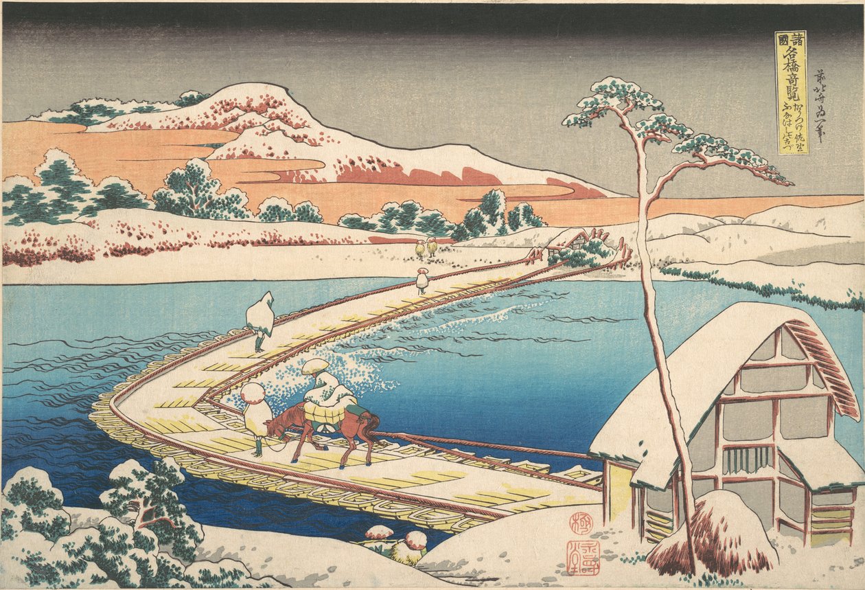 Alte Ansicht der Boot-Brücke bei Sano in der Provinz Kōzuke, aus der Serie Bemerkenswerte Ansichten von Brücken in verschiedenen Provinzen von Katsushika Hokusai