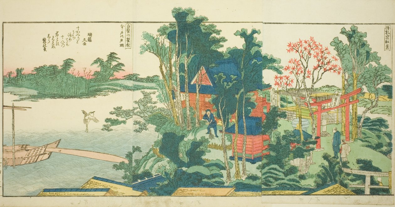 Seiten aus dem illustrierten Buch "Panoramablicke entlang der Ufer des Sumida-Flusses (Ehon Sumidagawa ryogan ichiran)" von Katsushika Hokusai