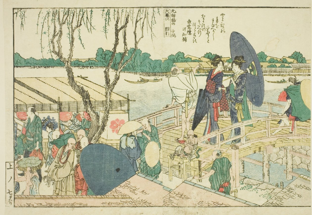 Seiten aus dem illustrierten Buch "Panoramablicke entlang der Ufer des Sumida-Flusses (Ehon Sumidagawa ryogan ichiran)" von Katsushika Hokusai