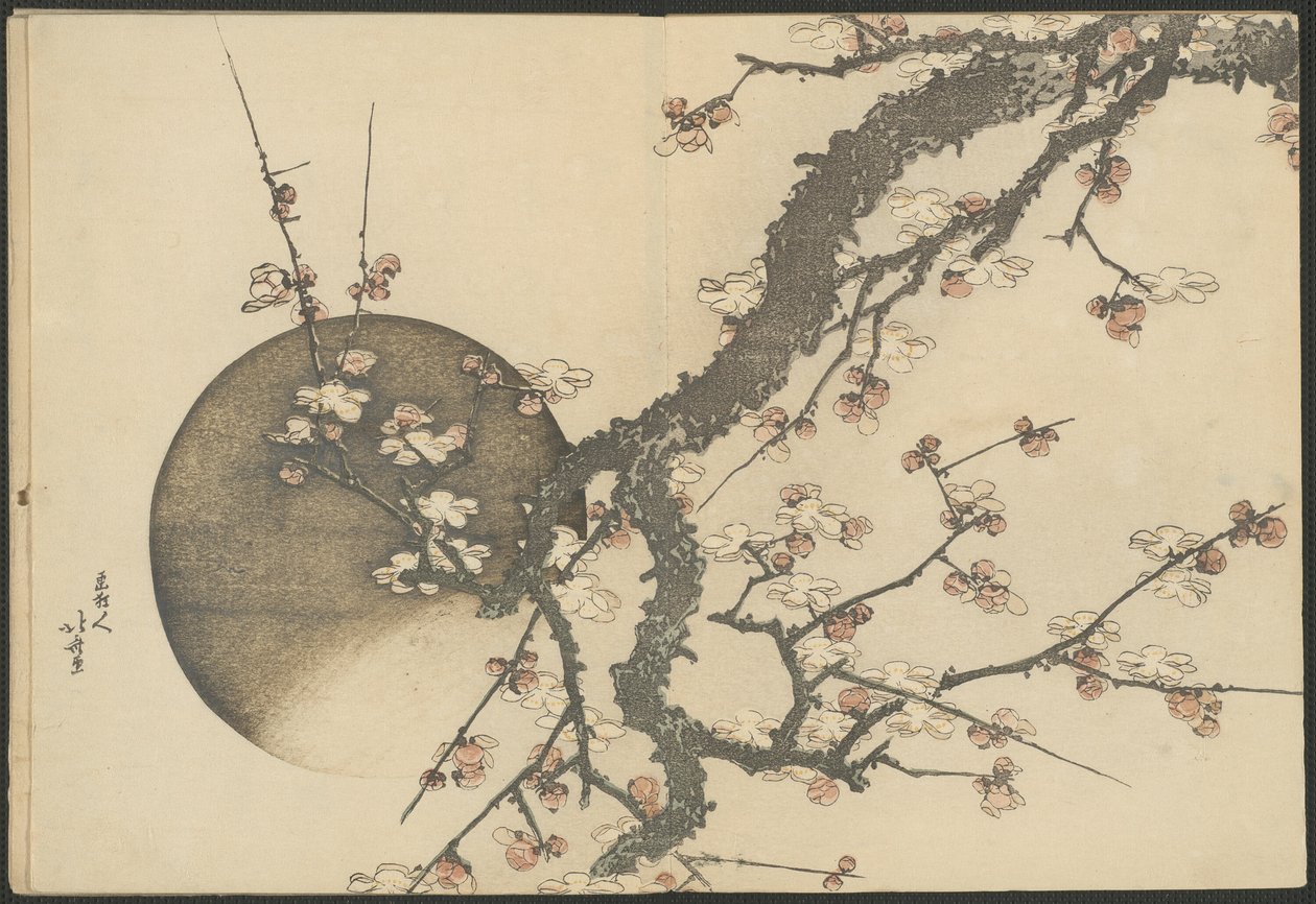 Pflaumenblüte und der Mond aus dem Buch Berg Fuji im Frühling (Haru no Fuji) von Katsushika Hokusai