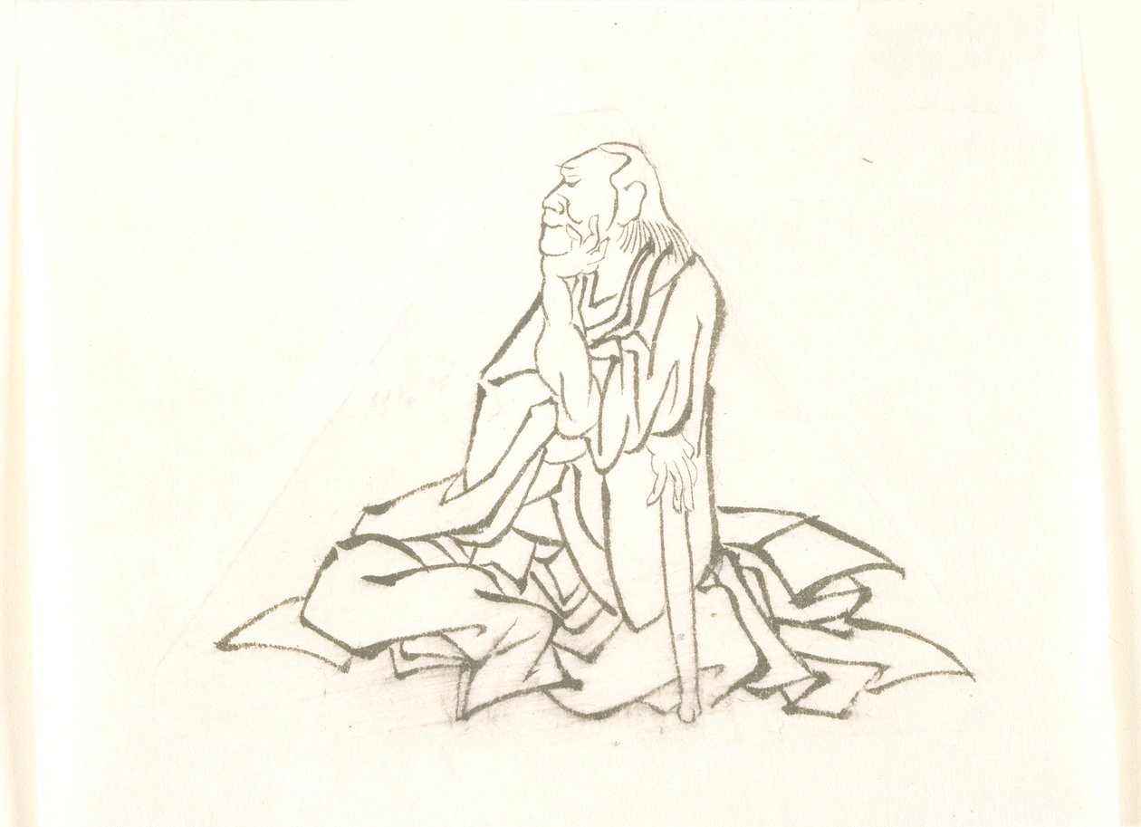Sitzender alter Mann, der sich auf einen Stock stützt von Katsushika Hokusai