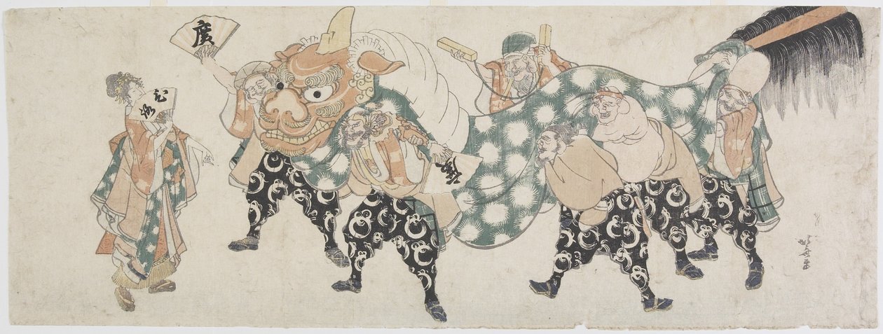 Sechs männliche Götter führen den Löwentanz auf, 1797-1819 von Katsushika Hokusai
