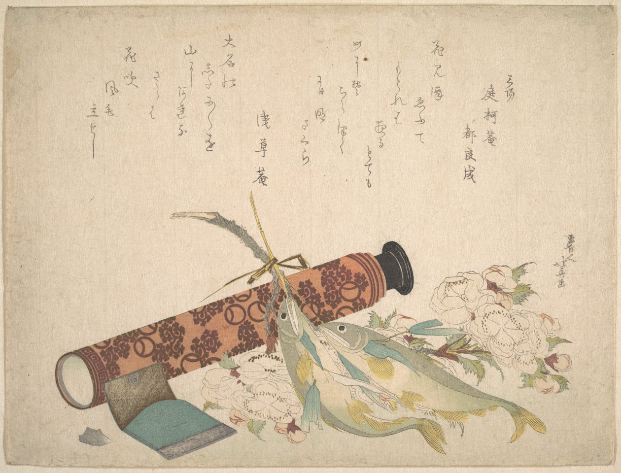 Stillleben: Doppelter Kirschblütenzweig, Teleskop, Süßfisch und Taschentuchkasten von Katsushika Hokusai