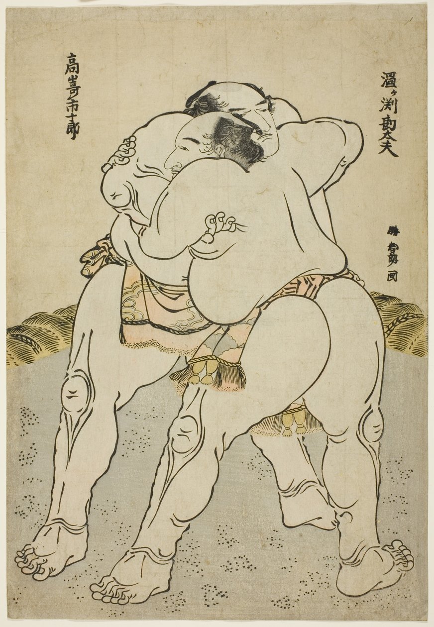 Die Sumo-Ringer Uzugafuchi Kandayu und Takasaki Ichijuro von Katsushika Hokusai