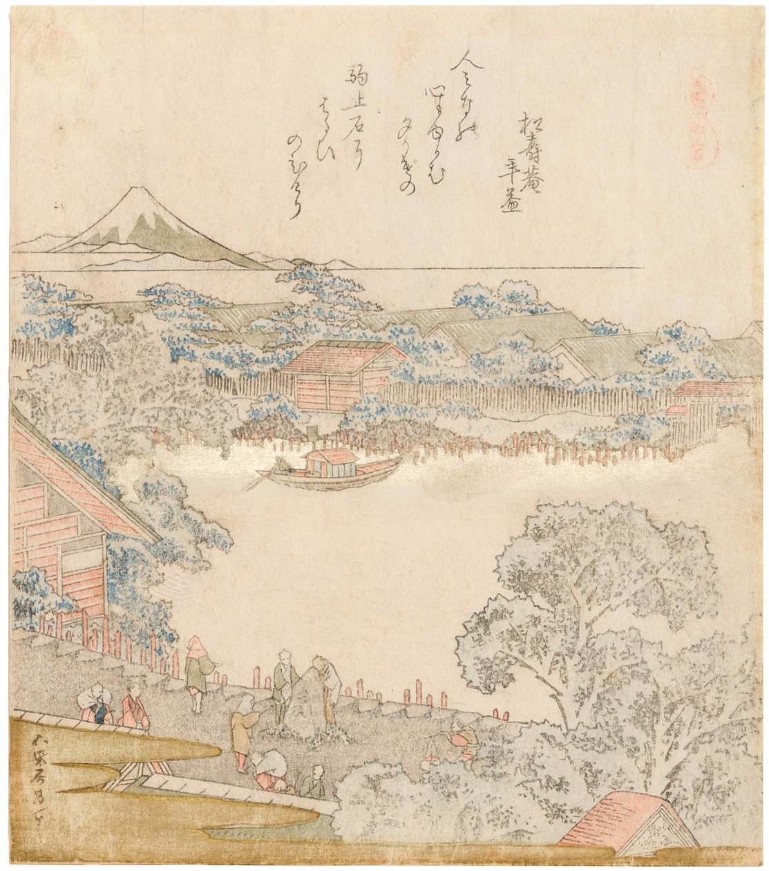 Die Ufer des Sumida-Flusses, Komatomeishi. Triptychon aus der Serie Umazukushi, linker Teil, 1822 von Katsushika Hokusai
