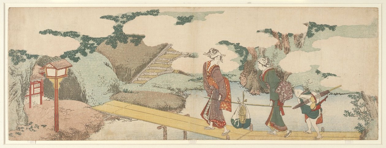 Zwei Frauen und ein Junge auf dem Gehweg von Katsushika Hokusai