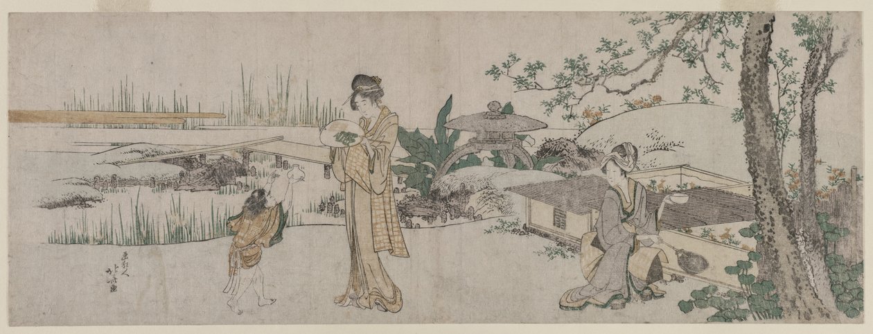 Zwei Frauen und ein Kind neben einem Goldfischglas, um 1800 von Katsushika Hokusai