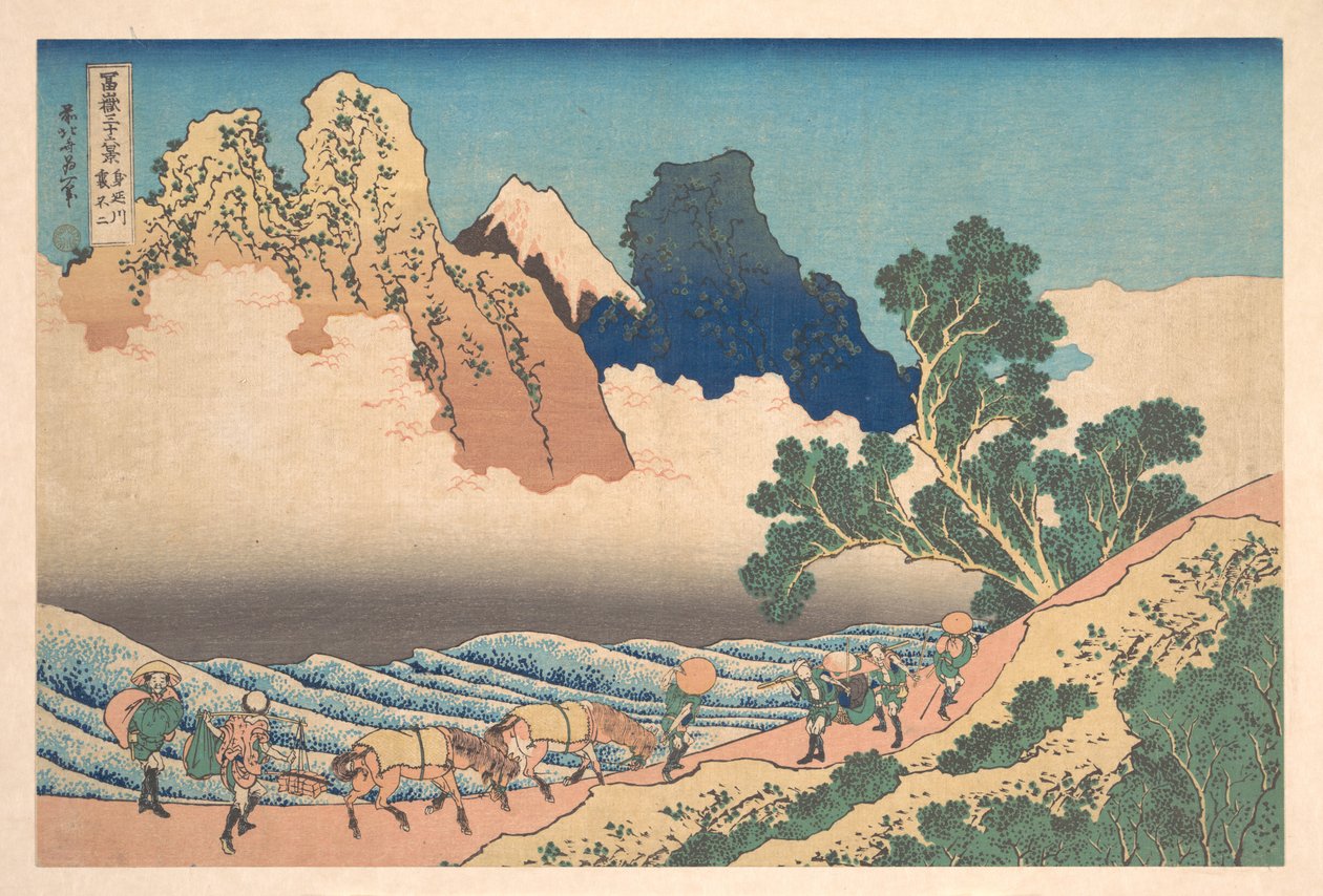 Blick von der anderen Seite des Fuji vom Minobu-Fluss, aus der Serie Sechsunddreißig Ansichten des Berges Fuji von Katsushika Hokusai