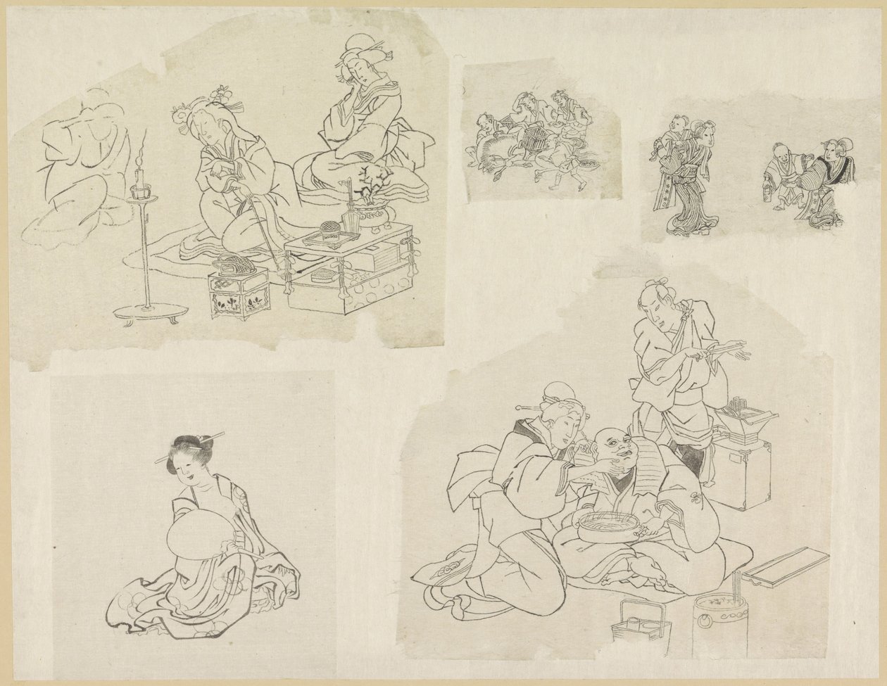 Fünf Darstellungen von Menschen in verschiedenen Situationen von Katsushika Hokusai