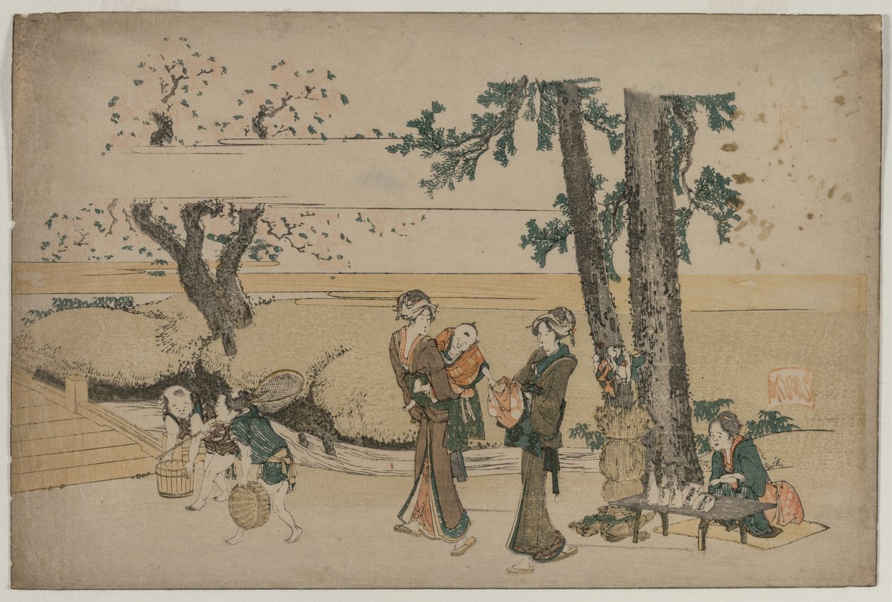 Frau, die an einem Straßenladen in der Nähe von Oji vorbeigeht von Katsushika Hokusai