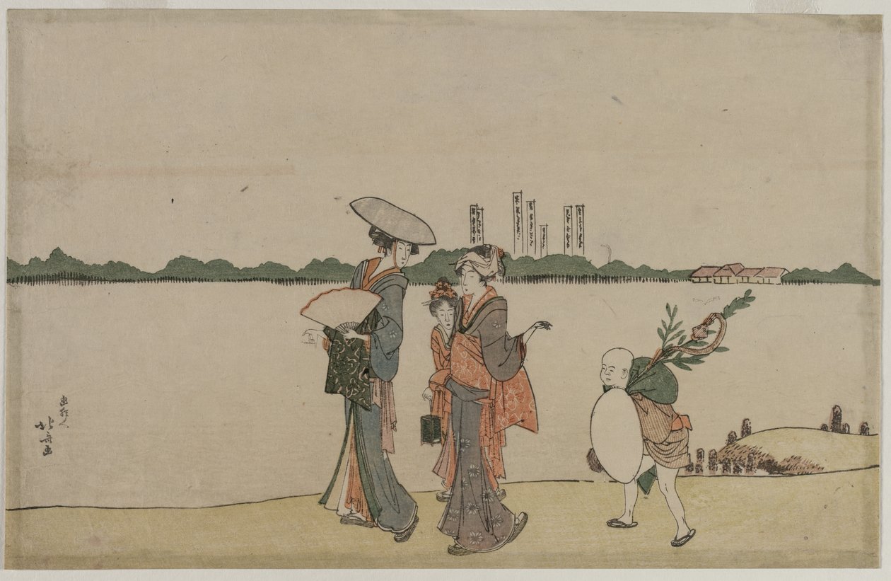 Frauen und Kinder spazieren entlang des Sumida-Flusses, frühes 19. Jahrhundert von Katsushika Hokusai