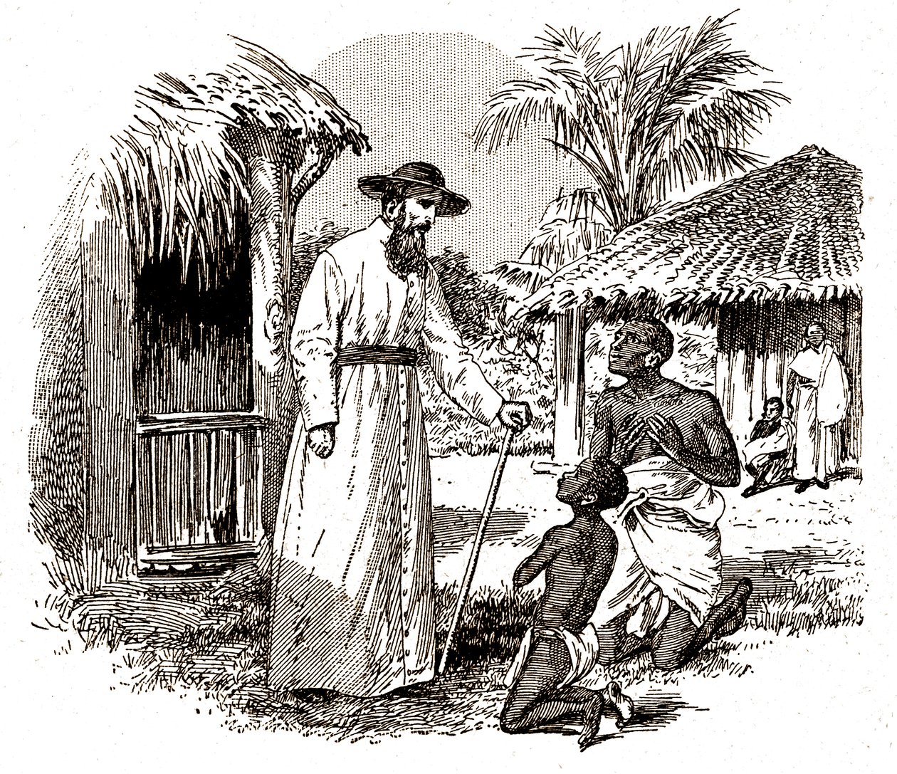 Ein katholischer Missionar in Afrika praktiziert eine Bekehrung an einem Kind und seinem Vater von Alec Hunter