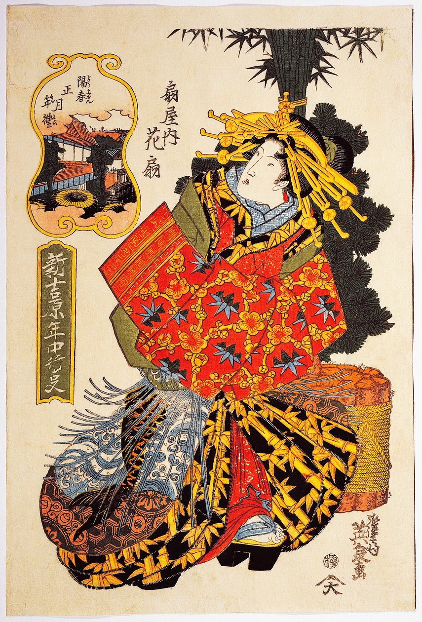 Kurtisane Hanaogi aus dem Ogiya-Haus bei der Frühlingsparade der Kurtisanen, um 1830, Ukiyo-e-Kunstdruck von Keisai Eisen (1790-1848) von Keisai Eisen