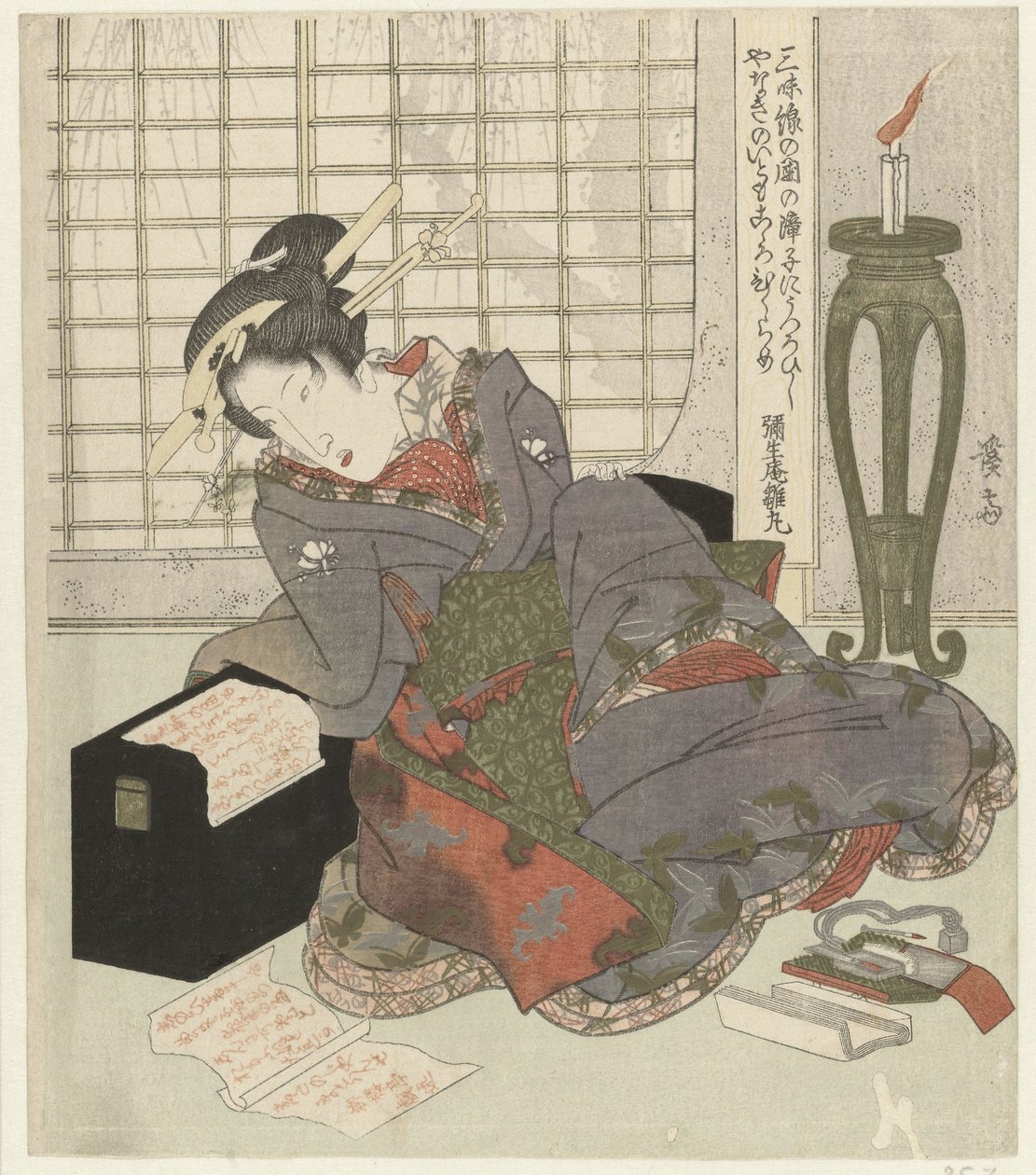 Eine Geisha lehnt sich auf die Schachtel ihres Shamisen von Keisai Eisen
