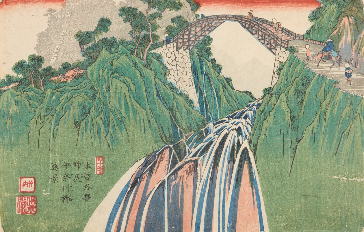 Brücke über den Fluss Inagawa in Nojiri, Tafel 40. aus der Serie: Kisokaido Straße / Kisoi no eki von Keisai Eisen
