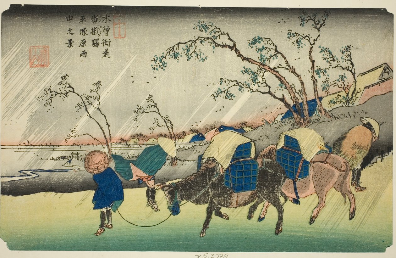 Nr. 20: Regen auf der Hiratsuka-Ebene in der Nähe der Kutsukake-Station, aus der Serie "69 Stationen des Kisokaido" von Keisai Eisen