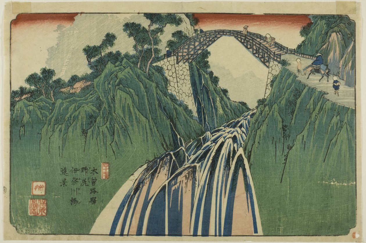 Nr. 41: Ferne Ansicht der Ina-Flussbrücke bei Nojiri, aus der Serie „[Neunundsechzig Stationen der] Kisokaido“ von Keisai Eisen