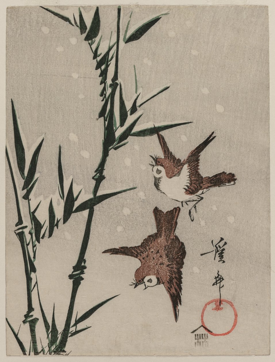 Spatzen, Bambus und fallender Schnee, ca. späte 1820er Jahre von Keisai Eisen