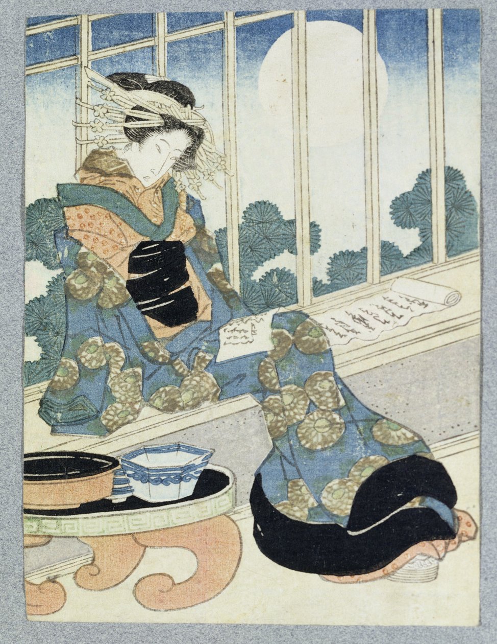 Japanische Dame liest im Mondlicht von Keisai Yeisen