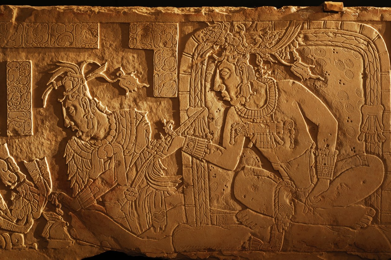 Tempel 21 Thronbank, Schnitzerei von König Akhal Mo Nab, Palenque, Mexiko, 2005 (Foto) von Kenneth Garrett