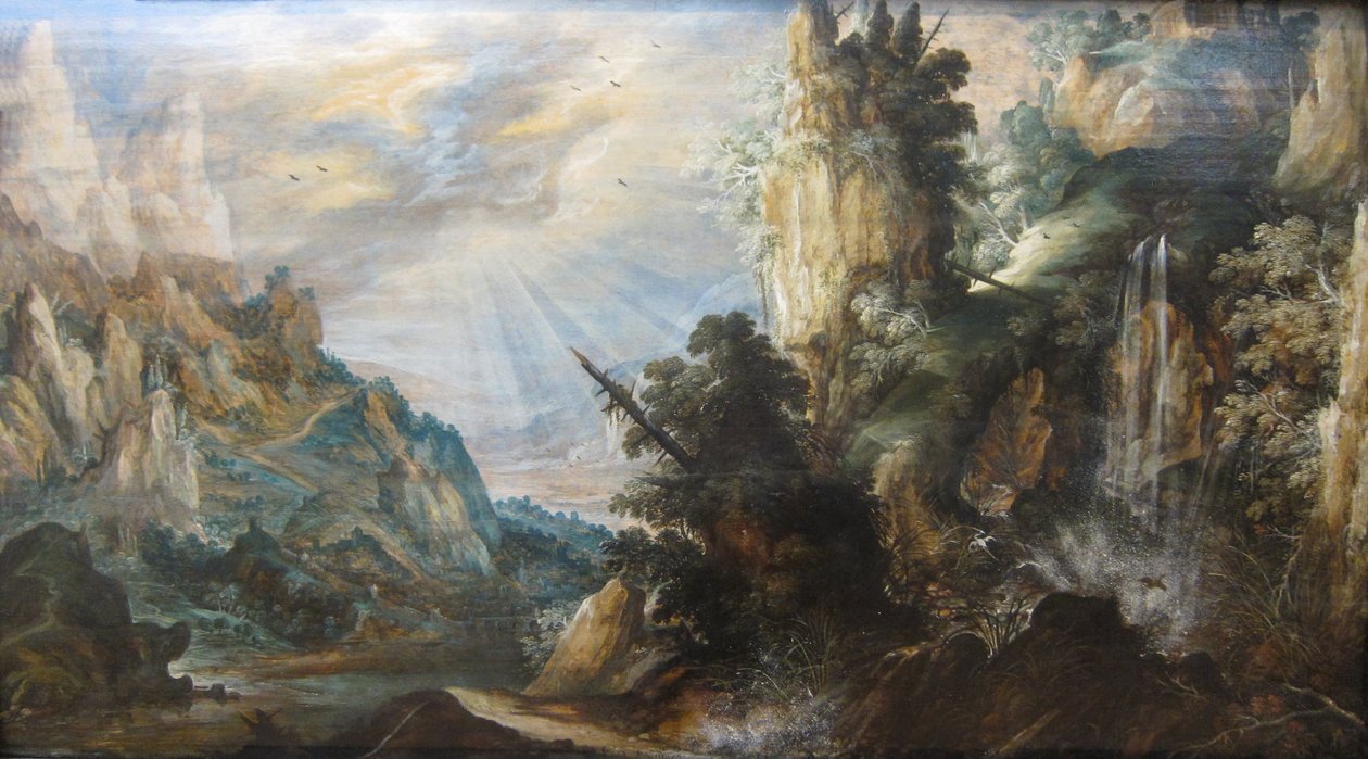 Eine gebirgige Landschaft mit einem Wasserfall von Kerstiaen de Keuninck, um 1600 von Kerstiaen de Keuninck