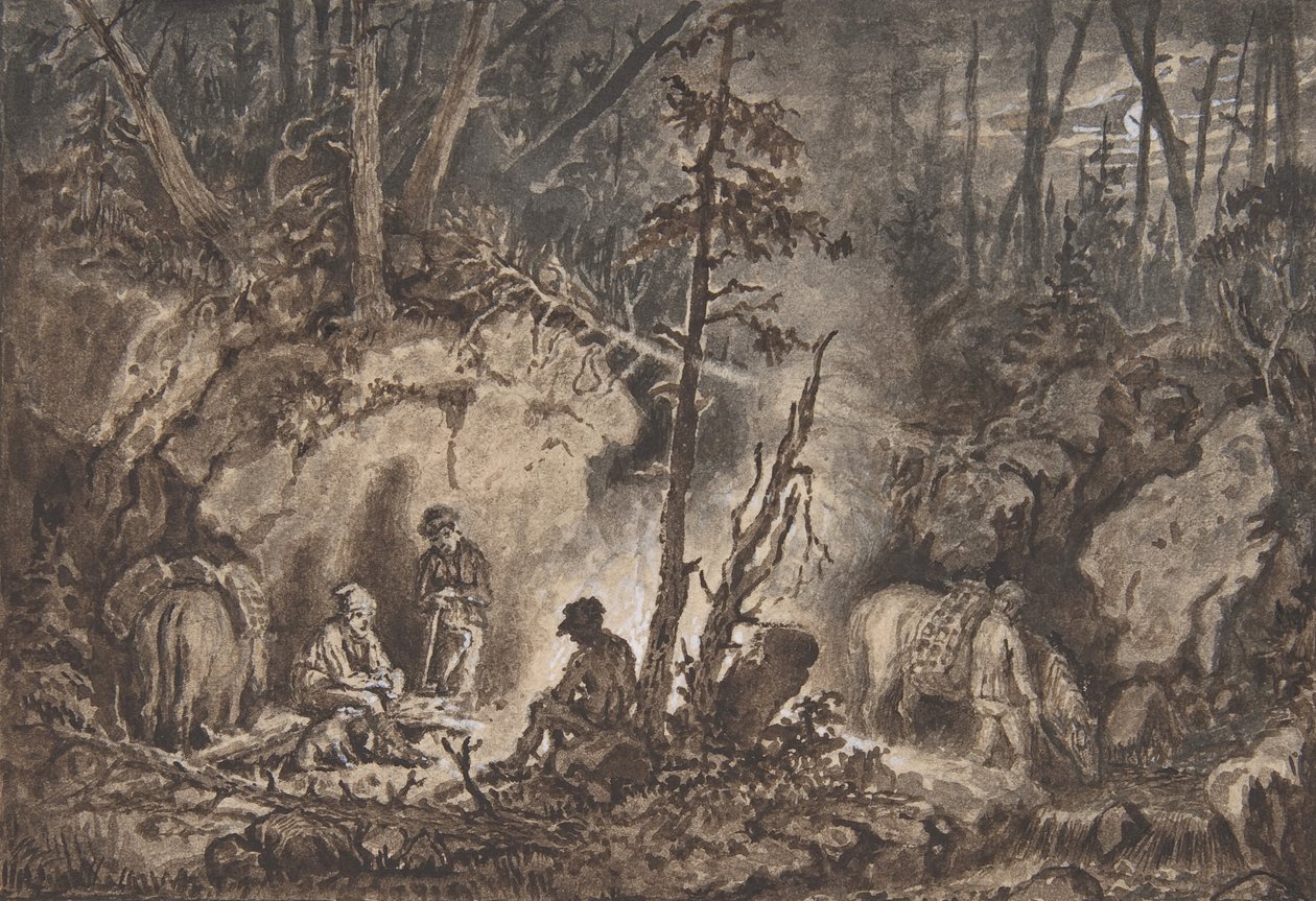 Jäger ruhen in einem Wald bei Nacht, 1830-60 von Kilian Christoffer Zoll