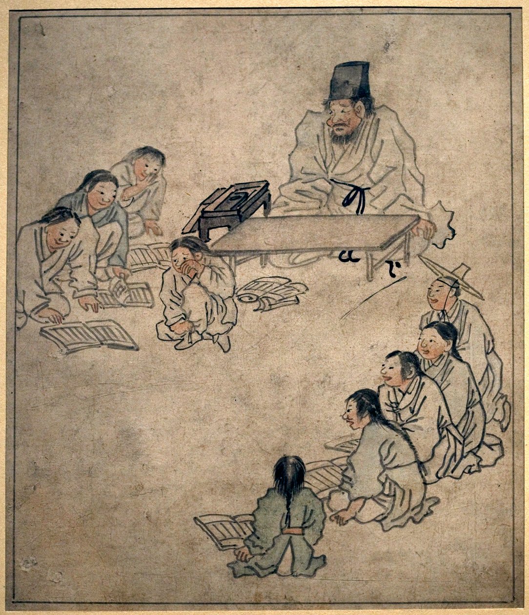 Eine Schulklasse. Gemälde von Danwon (Kim Hongdo) (1745-1806), Tinte auf Papier, koreanische Kunst, Joseon-Periode (Choson) 18. Jahrhundert. Nationalmuseum von Korea, Seoul (Südkorea). von Kim Hong Do
