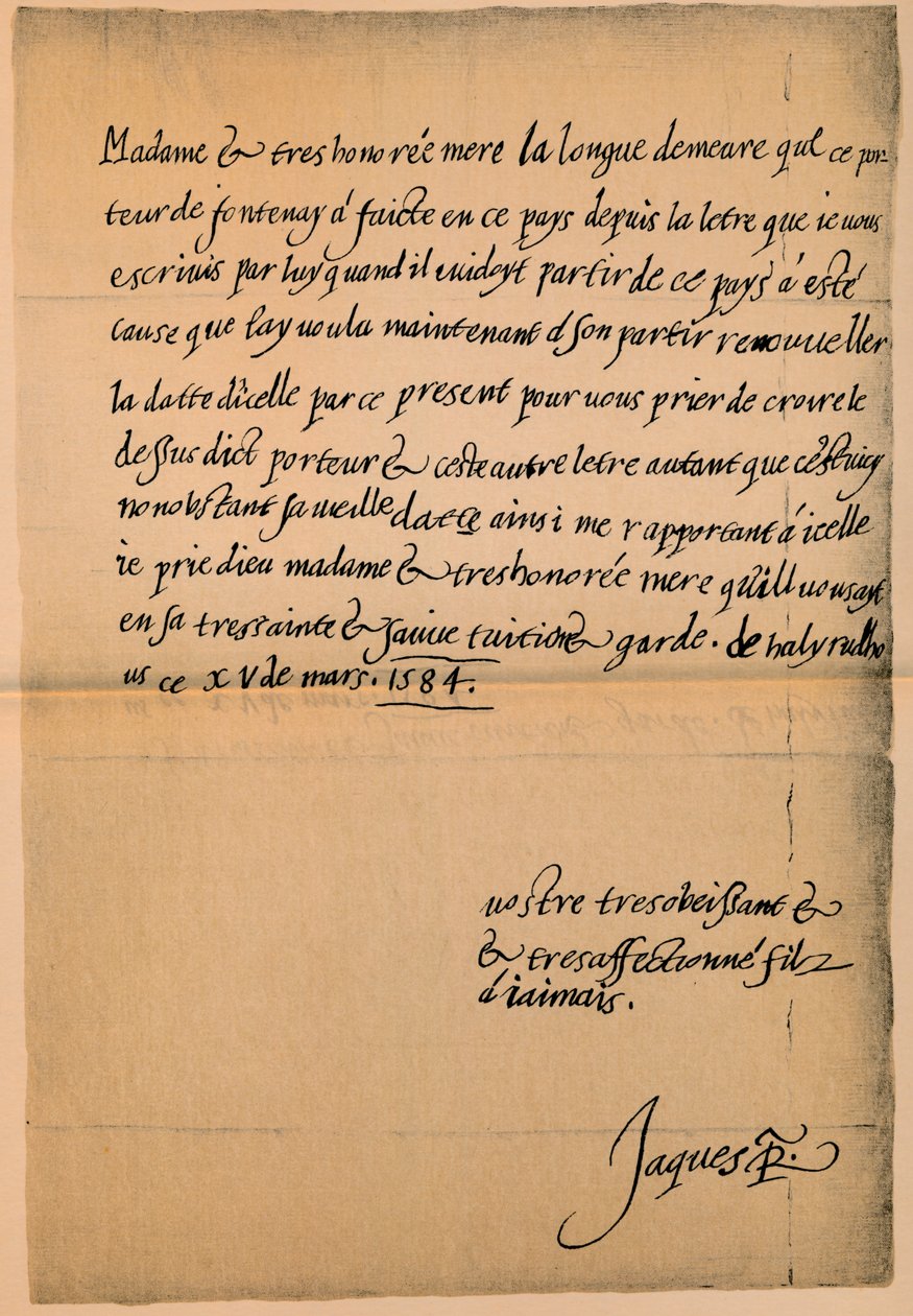 Brief von König James VI. 1566-1625 an seine Mutter, Königin Maria 1542-1587, 1584-5 von King James I