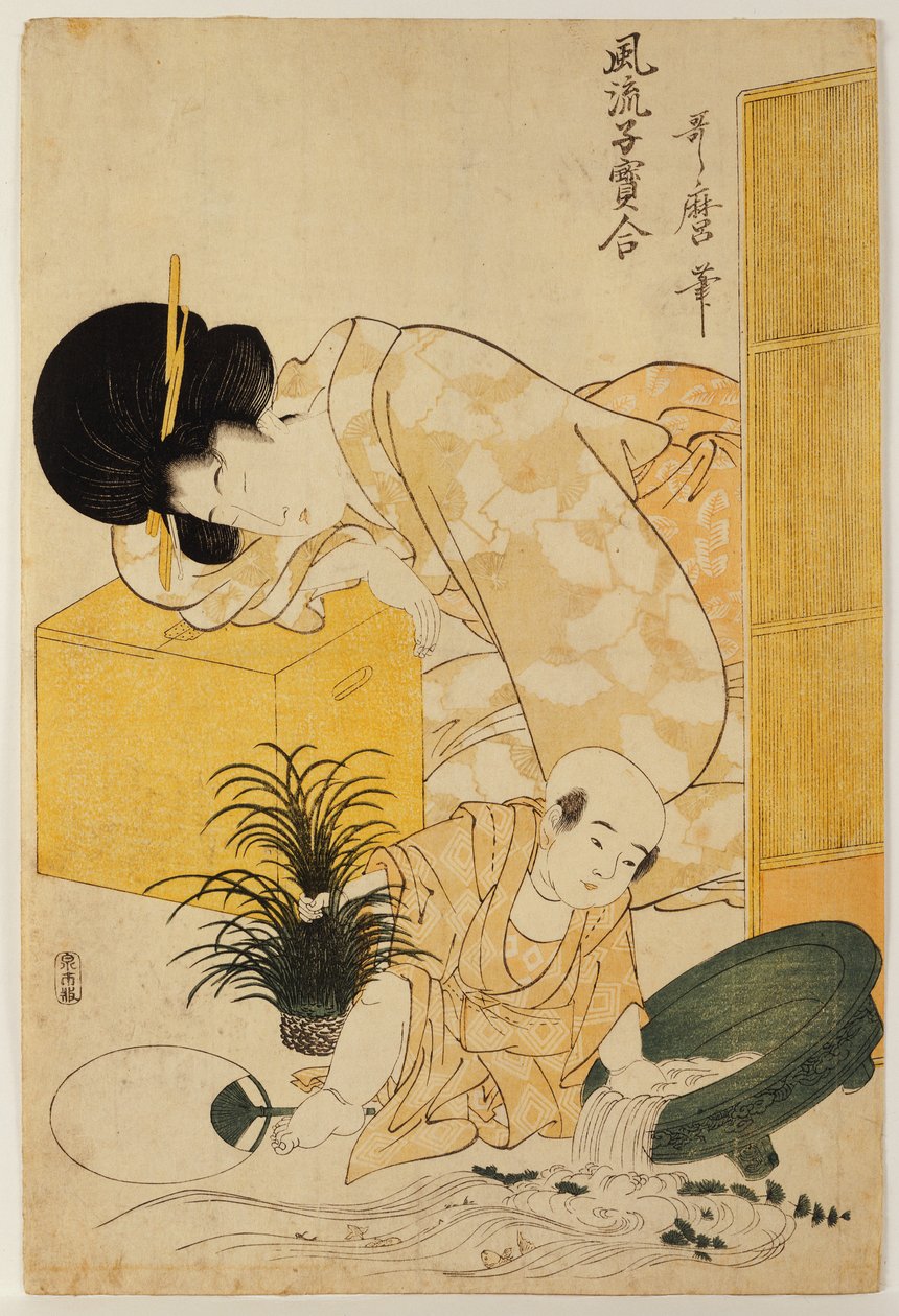 Eine Mutter döst, während ihr Kind eine Fischschale umkippt, aus der Serie "Vergleich modischer Kinder" von Kitagawa Utamaro
