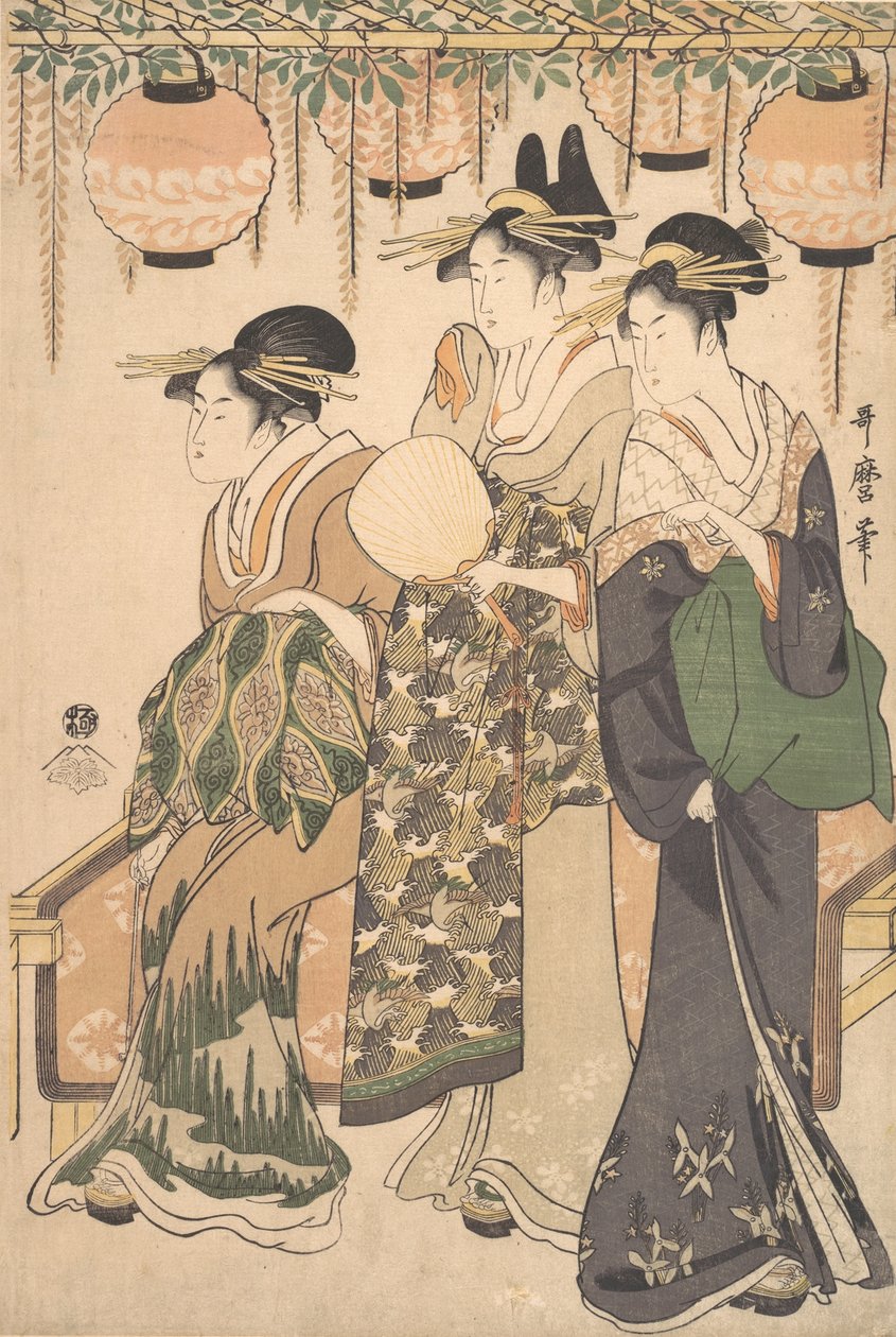 Kurtisanen unter einem Glyzinienlauben von Kitagawa Utamaro