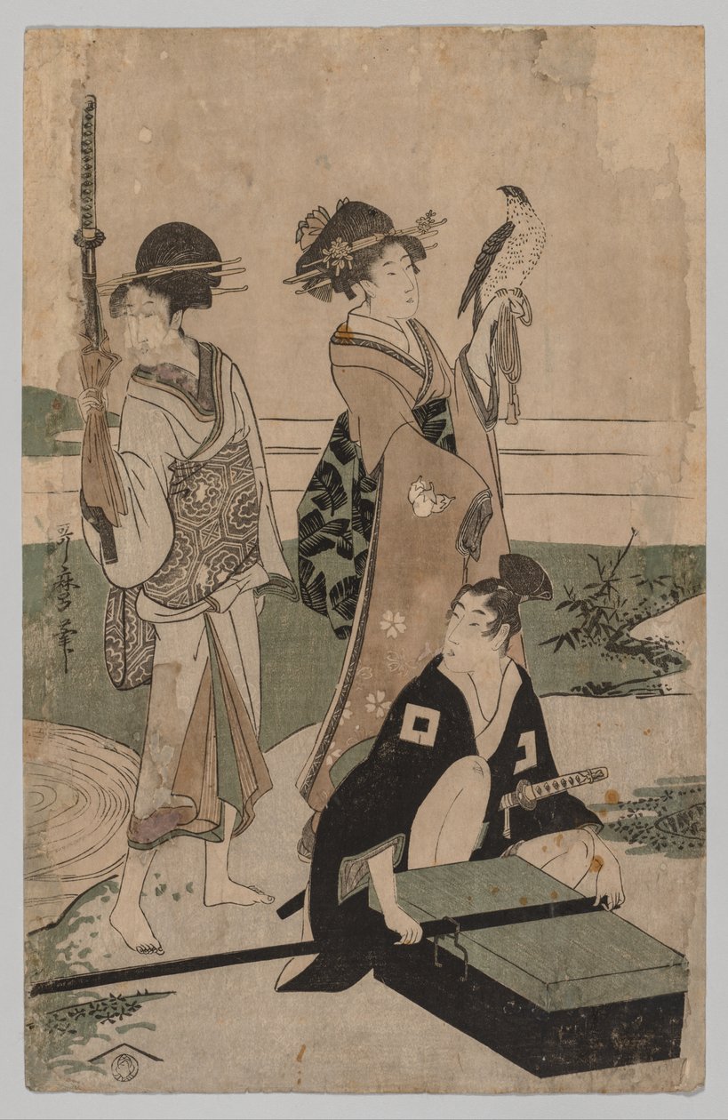 Daimyō und sein Gefolge überqueren einen Bach in der Ebene bei Fuji von Kitagawa Utamaro