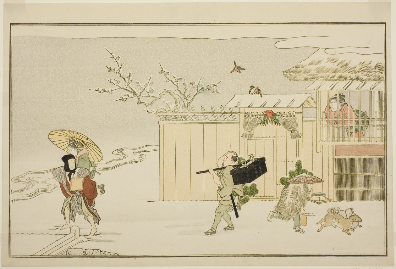 Neujahrsgeschenke im Schnee überreichen, aus der illustrierten Kyoka-Anthologie "Der junge Gott Ebisu (Waka Ebisu)" von Kitagawa Utamaro