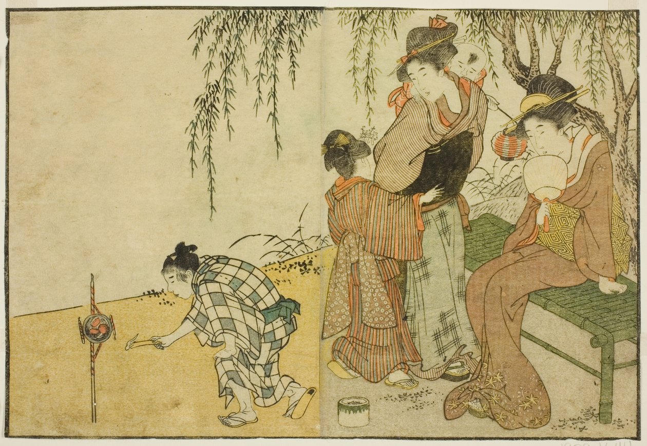 Feuerwerk genießen, aus dem illustrierten Buch "Bilderbuch: Blumen der vier Jahreszeiten," Band 1 von Kitagawa Utamaro