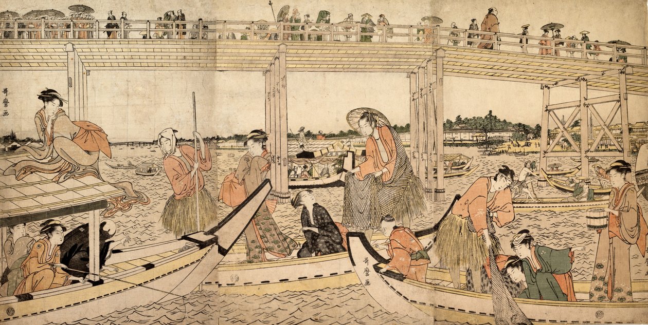 Fischerboote mit Netzen unter der Ryogoku-Brücke, 1790er Jahre von Kitagawa Utamaro