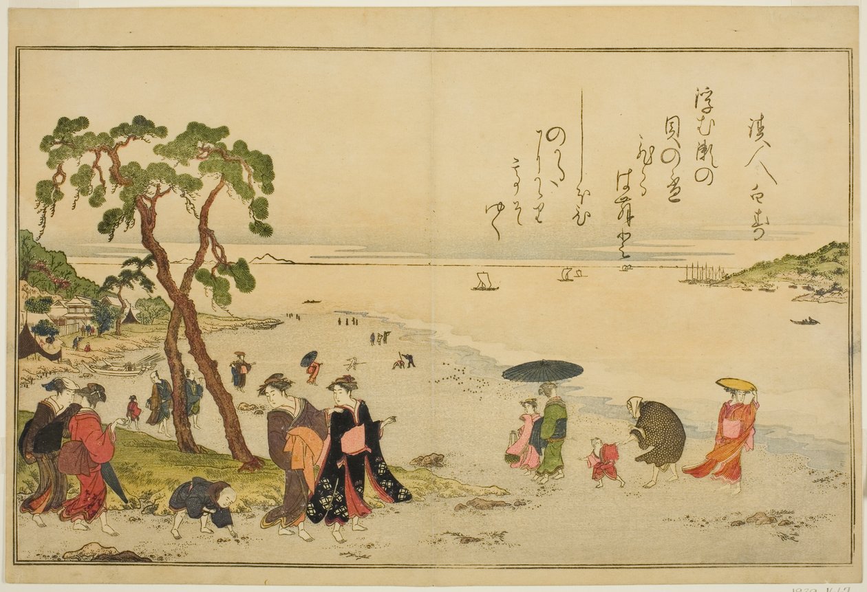 Muscheln sammeln bei Ebbe, aus dem illustrierten Buch "Geschenke der Ebbe (Shiohi no tsuto)" von Kitagawa Utamaro