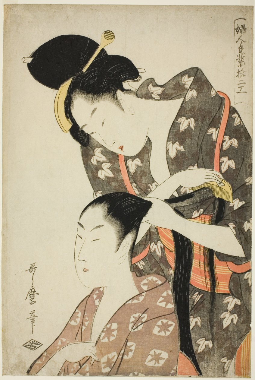 Friseurin, aus der Serie "Zwölf Arten von Frauenhandwerk (Fujin tewaza juni ko)" von Kitagawa Utamaro