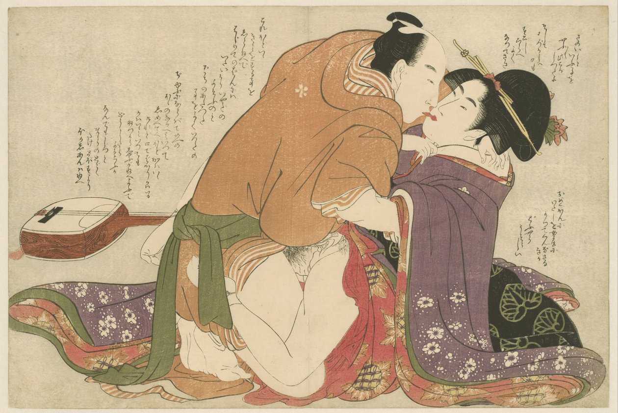 Junge Bürgerstochter mit Liebhaber bei einer Shamisen von Kitagawa Utamaro