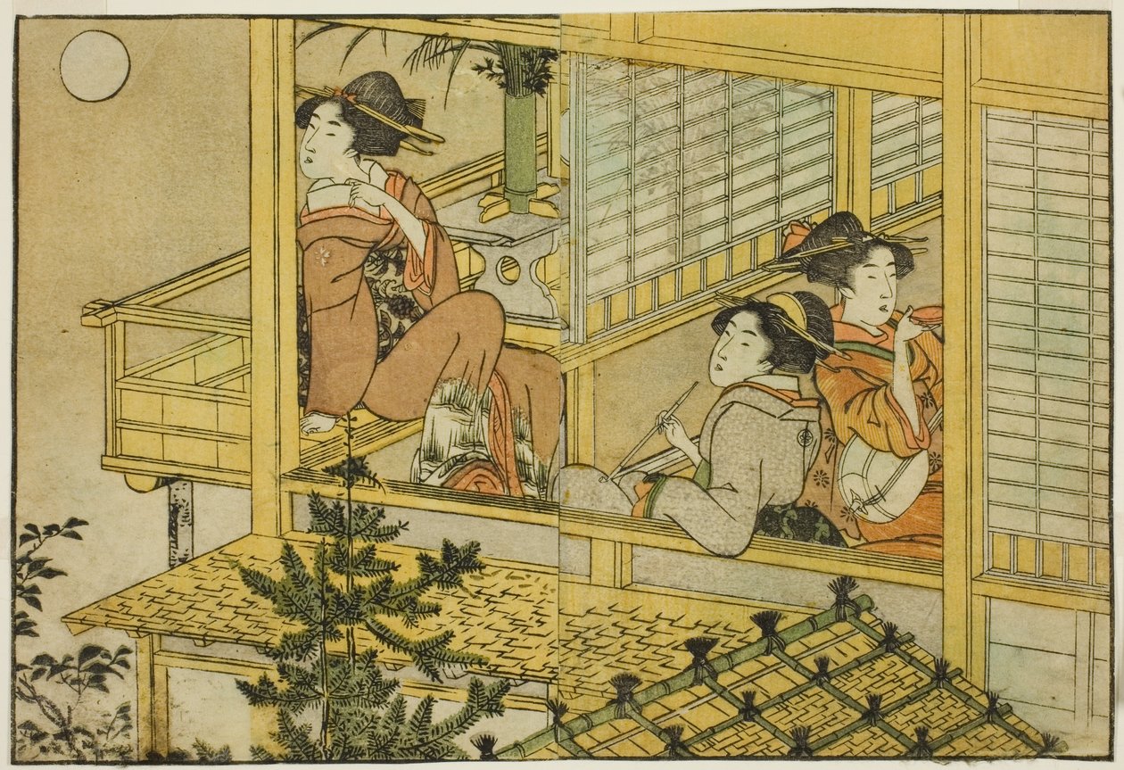 Mondbetrachtungsparty, aus dem illustrierten Buch "Bilderbuch: Blumen der vier Jahreszeiten," Bd. 2 von Kitagawa Utamaro
