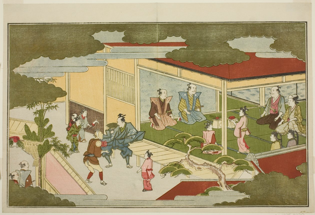 Neujahr in einer Samurai-Residenz, aus der illustrierten Kyoka-Anthologie Der junge Gott Ebisu (Waka Ebisu) von Kitagawa Utamaro