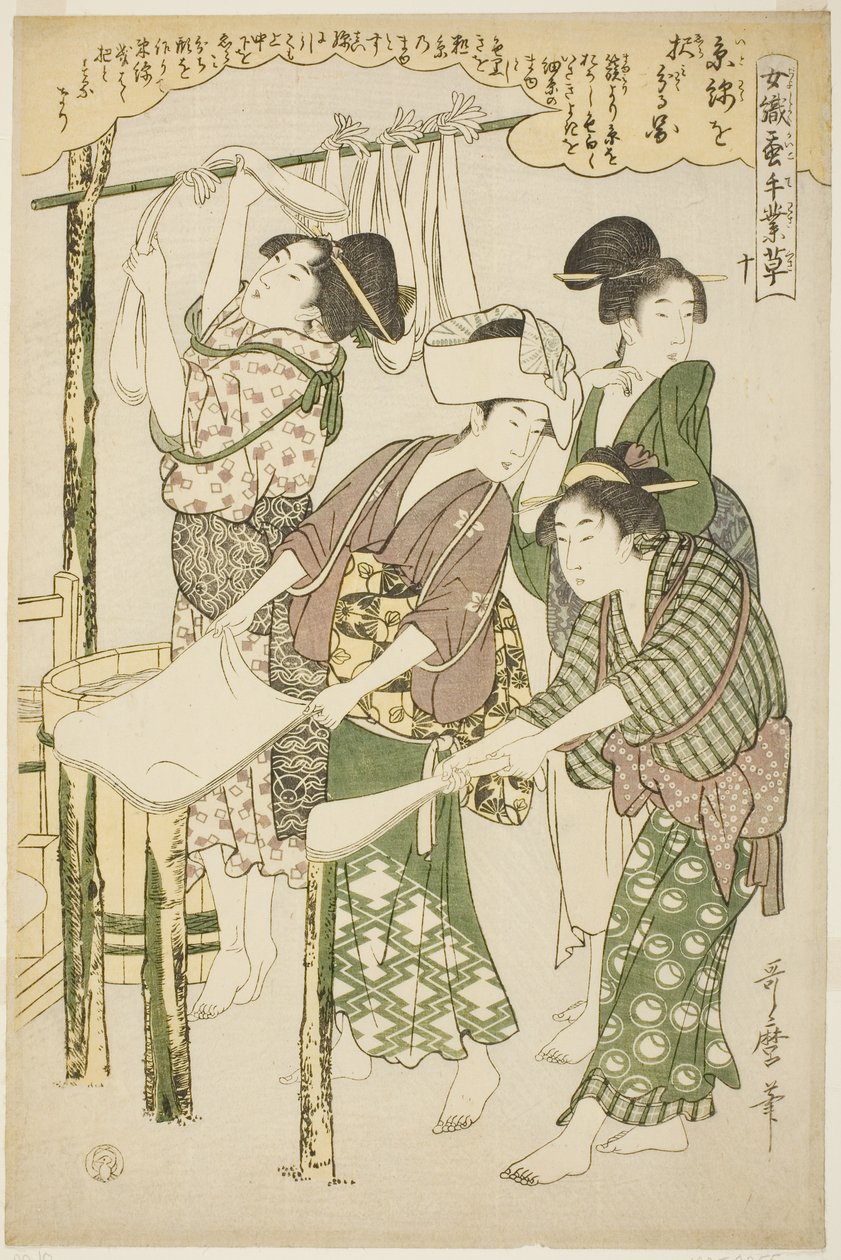 Nr. 10 (ju), aus der Serie "Frauen, die in der Seidenraupenzucht tätig sind (Joshoku kaiko tewaza-gusa)" von Kitagawa Utamaro